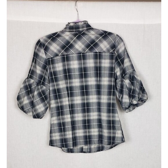 Toi Et Moi Boho Office Siren Blouse Top M Plaid Gray Black Ruffle Front Academia - Picture 2 of 5